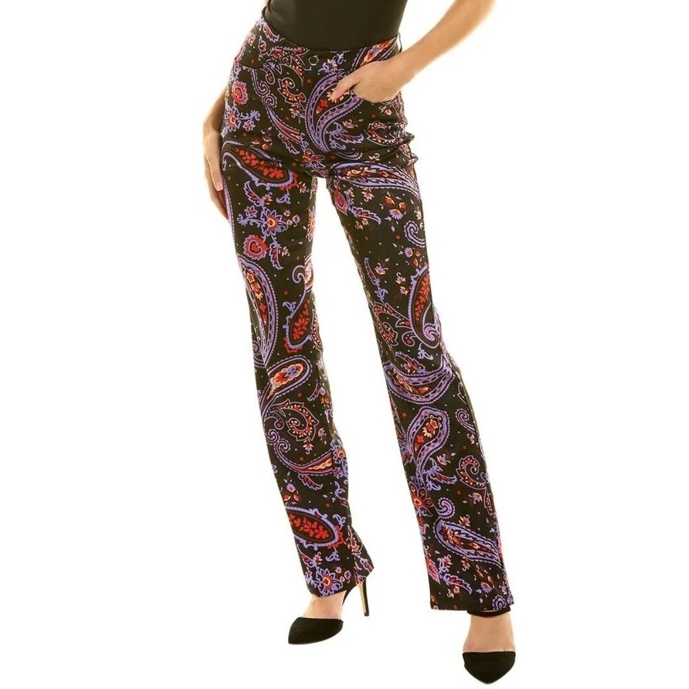 Danielle Bernstein Paisley High Rise Straight Leg Pants Black Purple Sz 26